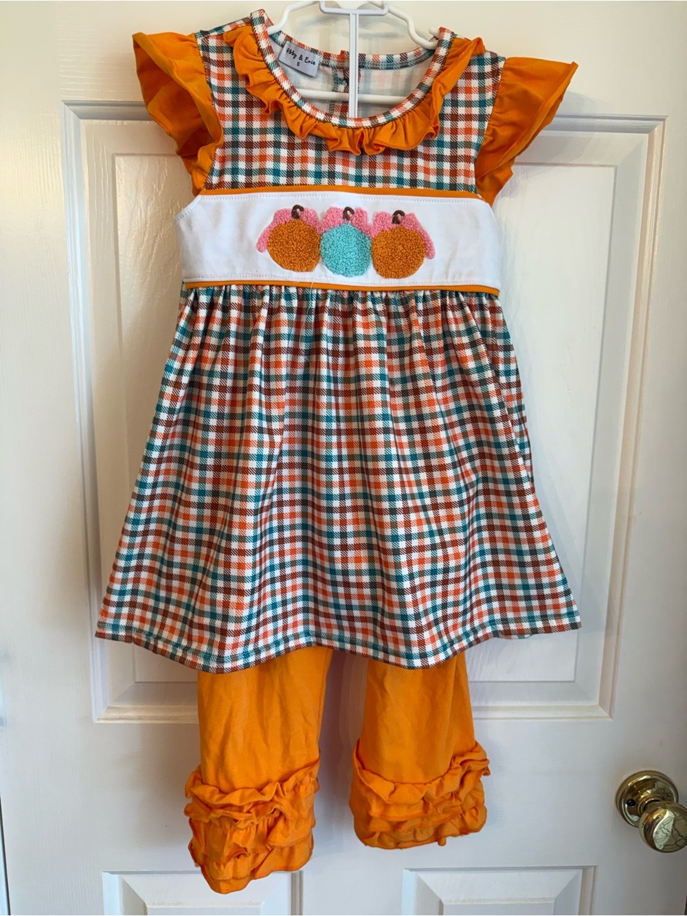 Girls Orange Plaid Pumpkin Appliqué Matching Set